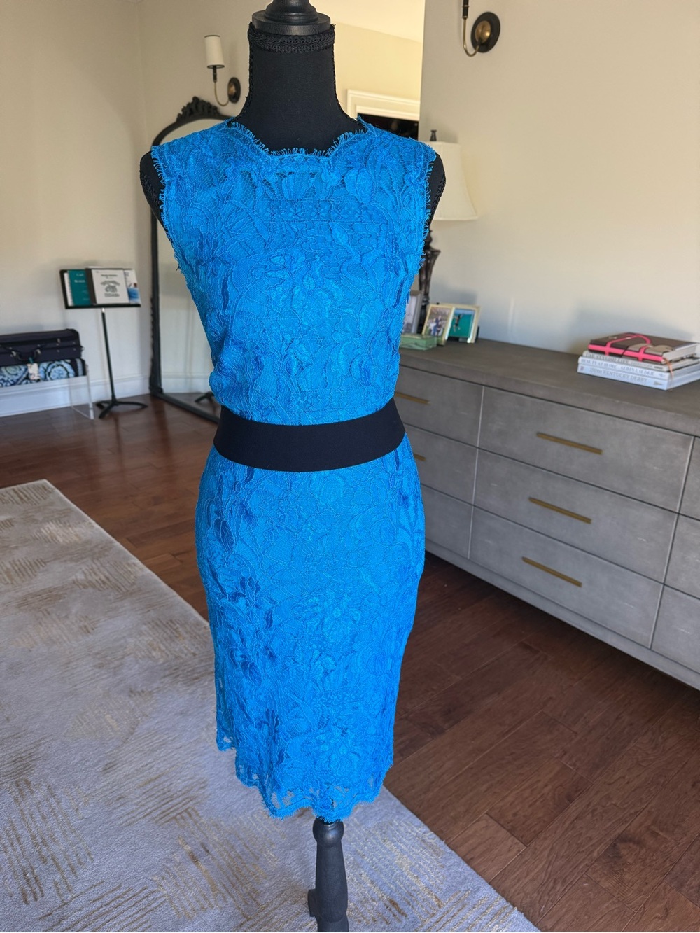 Emilio Pucci Blue Lace Pencil Skirt Dress with Black Waistband